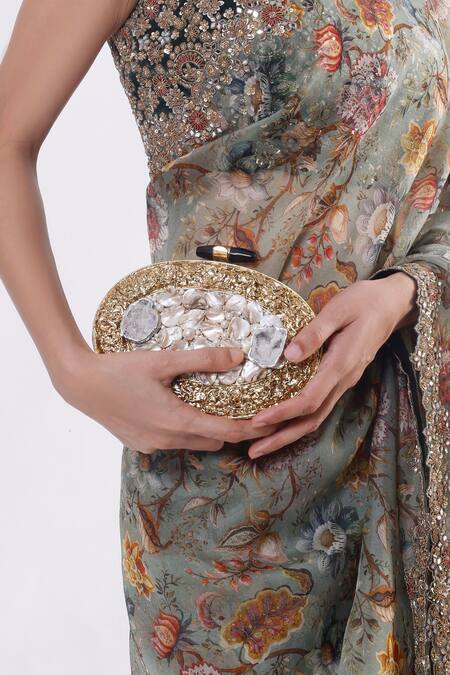 Handle Those Bags Gold Embellished Crystal And Pearl Clutch Online at Aza Fashions Handle Those Bags_Gold Embellished Crystal And Pearl Clutch_Online_at_Aza_Fashions