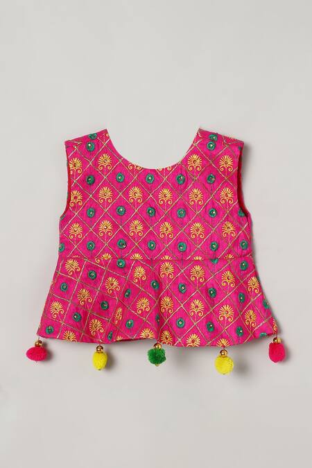 Byb Premium_Fuchsia Silk, Cotton, Tulle Pom-poms, Embellished Peplum Top Skirt Set_Online_at_Aza_Fashions
