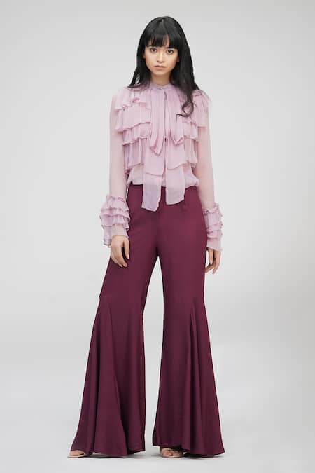 Shruti S Pink Chiffon Sequins Bandeau Neck Layered Ruffle Sheer Shirt Online at Aza Fashions Shruti S_Pink Chiffon Sequins Bandeau Neck Layered Ruffle Sheer Shirt _Online_at_Aza_Fashions