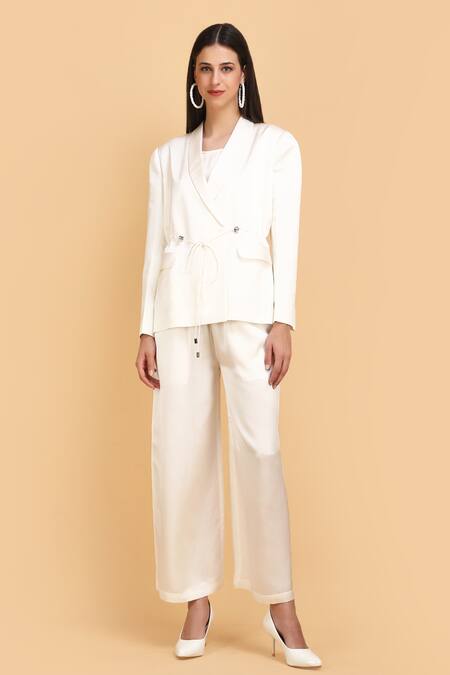 Label Ivish_Off White Silk Round Neck Tie-up Blazer Trouser Set _Online_at_Aza_Fashions