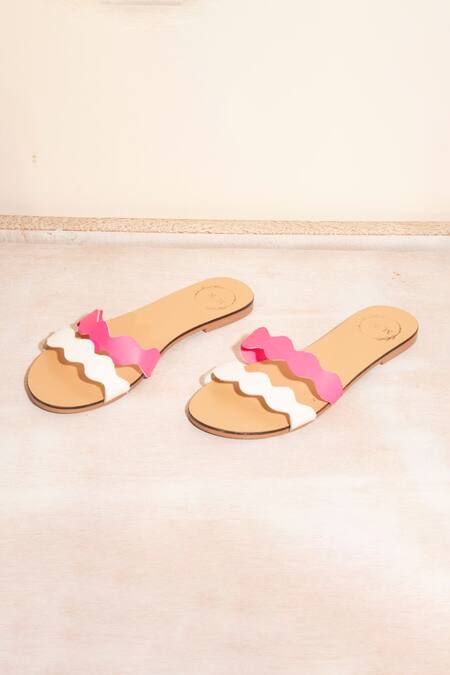 Myra_Pink Plain Leather Wave Strap Flats _Online_at_Aza_Fashions