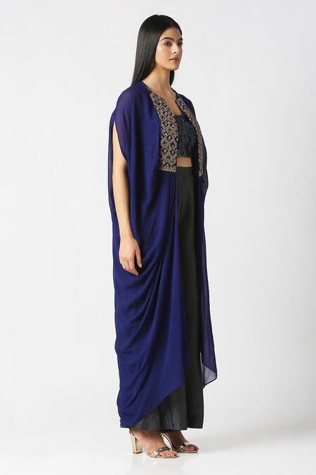Labbada_Blue Cape Viscose Georgette Hand Embroidered Marodi Crop Top And Palazzo Set_Online_at_Aza_Fashions