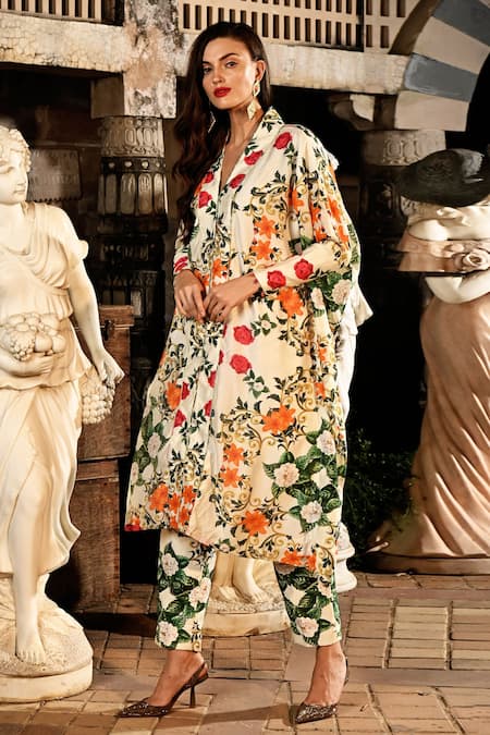 Sanam_Ivory Organza Tassels Collared Katherine Floral Pattern Kaftan With Pant _Online_at_Aza_Fashions