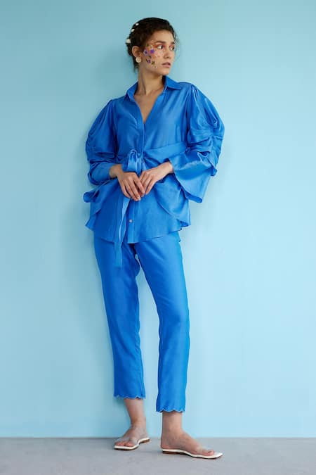 Garima Bindal_Blue Silk, Chanderi Shawl Neck Panzy Draped Shirt And Pant Set _Online_at_Aza_Fashions