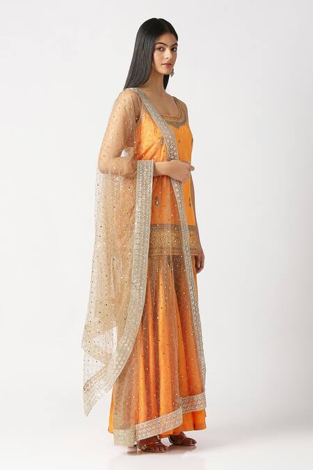 Labbada_Yellow Kurta Pure Silk Hand Embroidered Marodi Scoop U Neck Short Sharara Set_Online_at_Aza_Fashions