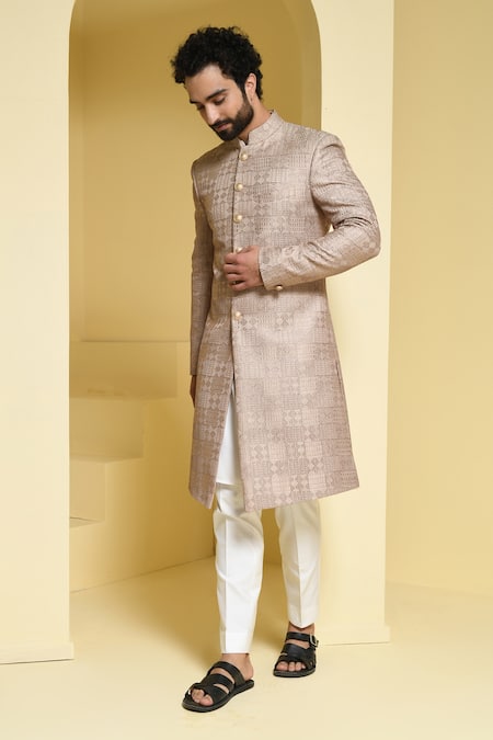 Kustomeyes Beige Silk Embroidery Sherwani Set Online at Aza Fashions Kustomeyes_Beige Silk Embroidery Sherwani Set _Online_at_Aza_Fashions