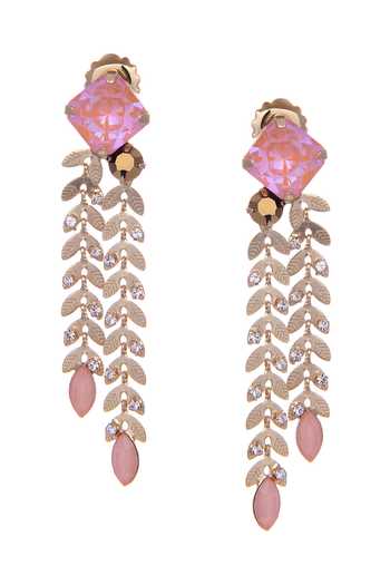Ishhaara_Pink Stones Carved Leaves Dangler Earrings _Online_at_Aza_Fashions