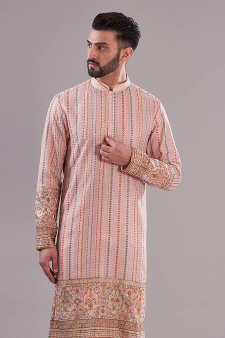 Kasbah_Pink Georgette, Cotton Sequins Multi Thread Work Embroidered Kurta_Online_at_Aza_Fashions