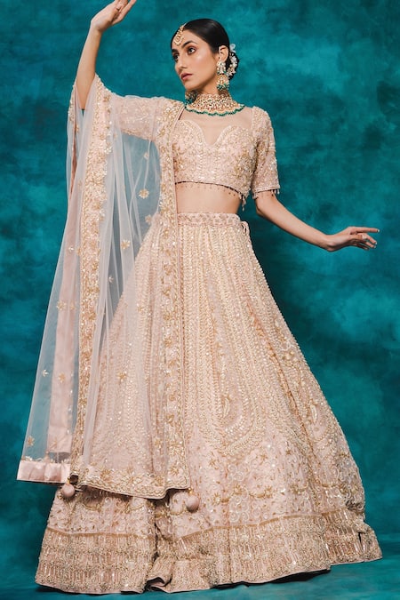 Mehar_Pink Net Sequins, Crystals, Flower Vine Hand Embroidered Bridal Lehenga Set _Online_at_Aza_Fashions