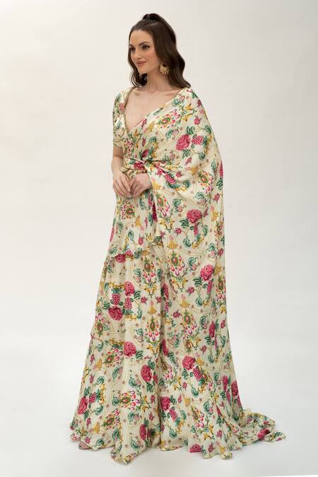 Buy_Sanam_Ivory Silk, Georgette Sequins, Victoria Garden Pattern Lehenga Saree With Blouse _Online_at_Aza_Fashions
