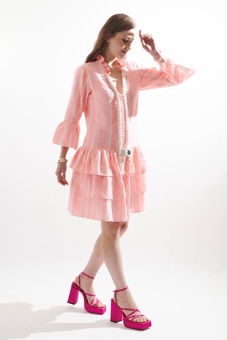 Cin Cin Pink Jacquard Asymmetric Repossi Layered Frill Dress Online at Aza Fashions Cin Cin_Pink Jacquard Asymmetric Repossi Layered Frill Dress_Online_at_Aza_Fashions