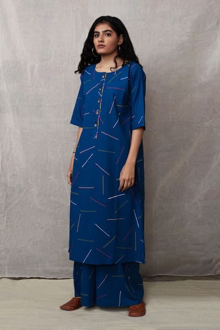 Banana Labs Blue Cotton Sprinkle Round Neck Print Straight Fit Kurta Set Online at Aza Fashions Banana Labs_Blue Cotton Sprinkle Round Neck Print Straight Fit Kurta Set _Online_at_Aza_Fashions