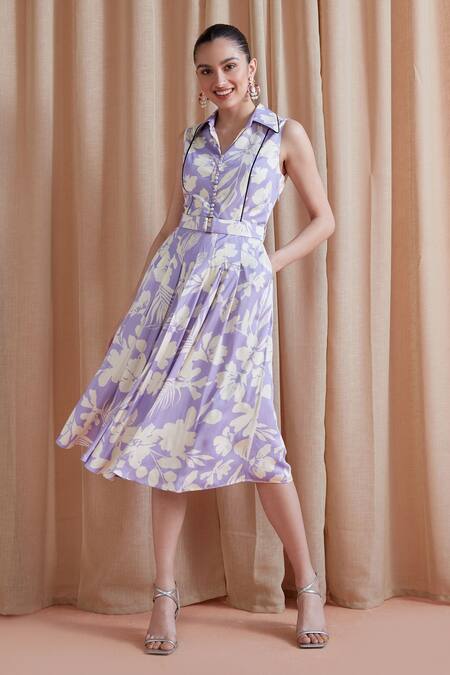 Label Deepika Nagpal Purple Bamboo, Modal Buckles Collared Alice Floral Print Dress Online at Aza Fashions Label Deepika Nagpal_Purple Bamboo, Modal Buckles Collared Alice Floral Print Dress_Online_at_Aza_Fashions