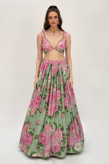 Buy_Sanam_Green Silk, Organza Sequins, Nicolette Floral Pattern Flared Lehenga Set _Online_at_Aza_Fashions