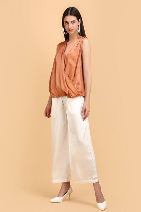 Label Ivish_Brown Silk V-neck Drape Wrap Top And Pant Set _Online_at_Aza_Fashions