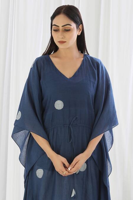 Khat_Blue Handloom Cotton V-neck Navy Polka Pattern Kaftan And Pant Set _Online_at_Aza_Fashions