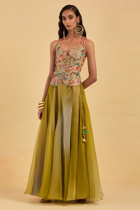Aum By Asit And Ashima Red Organza Tassels, Mirrors Paisley And Floral Embroidered Corset With Skirt Online at Aza Fashions Aum By Asit And Ashima_Red Organza Tassels, Mirrors Paisley And Floral Embroidered Corset With Skirt_Online_at_Aza_Fashions