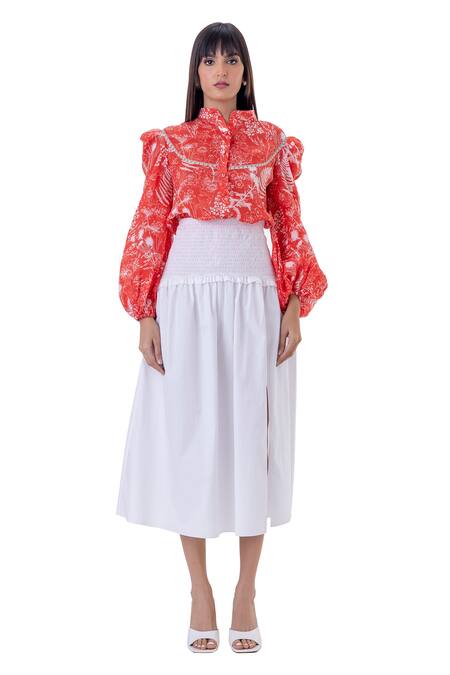 Gaya_White 100% Cotton Plain Lily High Slit Skirt _Online_at_Aza_Fashions