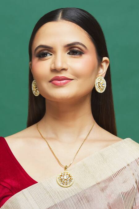 Our Purple Studio_Gold Plated Diamonds, Pearls Kundan Pendant Necklace Set_Online_at_Aza_Fashions