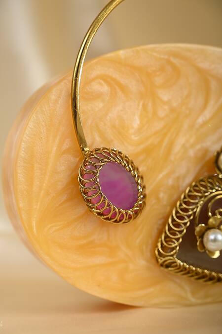 Miar Designs_Yellow Abstract Pattern Fara Oval Resin Clutch_Online_at_Aza_Fashions