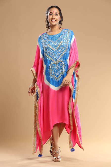 Etasha By Asha Jain_Blue Silk Mirrors, Crystals Round Neck Embellished Bandhani Pattern Kaftan _Online_at_Aza_Fashions