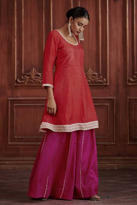 Affroz_Red Silk, Tissue Embroidery, Piping Round Neck Short Kurta Sharara Set_Online_at_Aza_Fashions