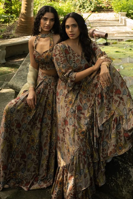 Amrin Khan_Green Modal Satin Kalamkari V Neck Print Layered Dress _Online_at_Aza_Fashions