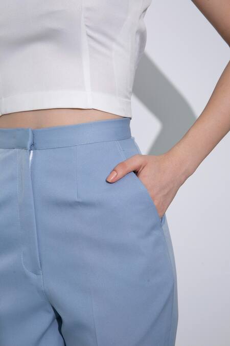Pocketful Of Cherrie_Blue Crepe Straight Fit Trouser_Online_at_Aza_Fashions
