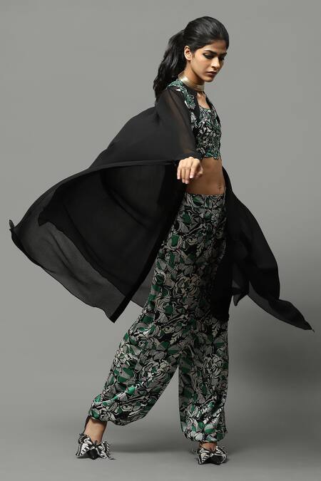 AK-OK Green Lycra Embroidery, Cut Work Square Floral Print Top And Joggers Set With Cape Online at Aza Fashions AK-OK_Green Lycra Embroidery, Cut Work Square Floral Print Top And Joggers Set With Cape _Online_at_Aza_Fashions