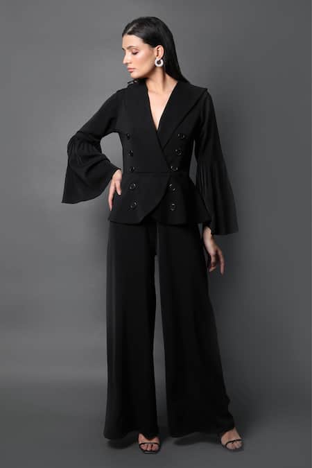 Swatee Singh_Black Crepe Collared Bell Sleeve Coat Jumpsuit _Online_at_Aza_Fashions