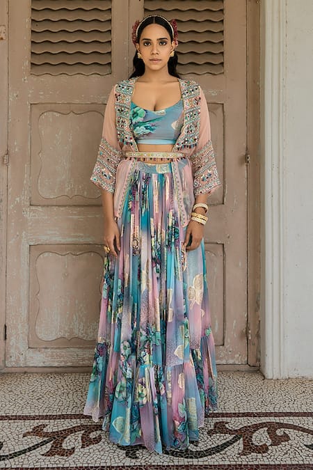 Amrin Khan_Blue Georgette And Embroidery Floral Scoop Bead Jacket Lehenga Set _Online_at_Aza_Fashions