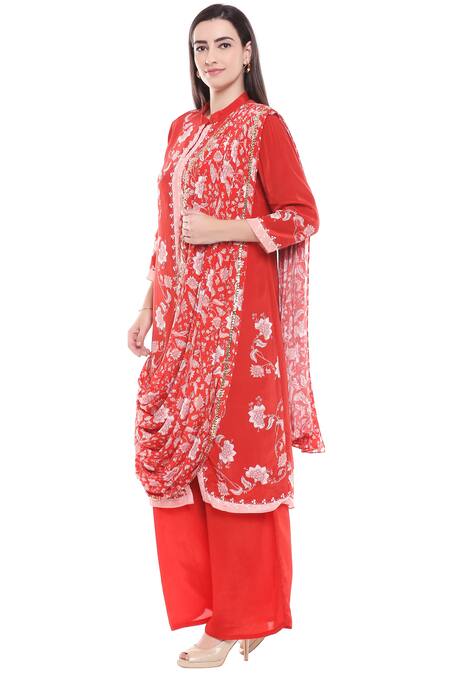 Soup By Sougat Paul_Red Crepe Floral Mandarin Collar Draped Kurta And Palazzo Set _Online_at_Aza_Fashions