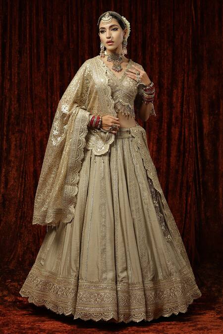 Shikhar Sharma Gold Lehenga And Blouse Silk Chanderi Embroidered Gota & Dori Work Bridal Set Online at Aza Fashions Shikhar Sharma_Gold Lehenga And Blouse Silk Chanderi Embroidered Gota & Dori Work Bridal Set _Online_at_Aza_Fashions
