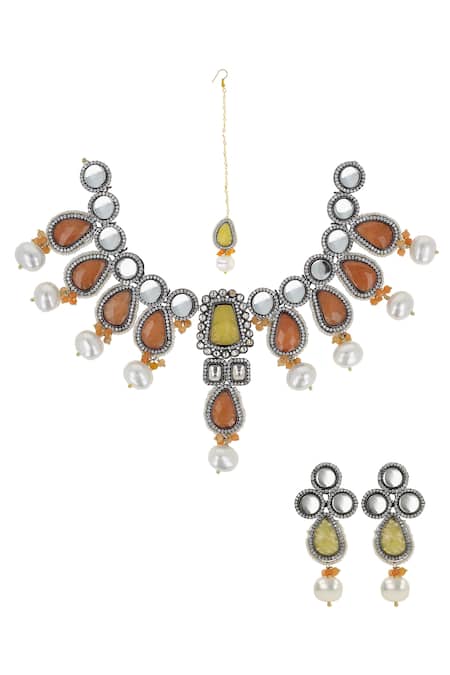 Ishhaara Multi Color Stones Contrast Kundan Embellished Necklace Set With Maangtikka Online at Aza Fashions Ishhaara_Multi Color Stones Contrast Kundan Embellished Necklace Set With Maangtikka _Online_at_Aza_Fashions