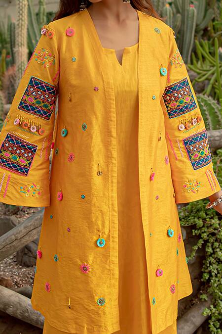 Kacha Tanka_Yellow Silk Embroidery Open Neck Bell Sleeve Hand Jacket _Online_at_Aza_Fashions
