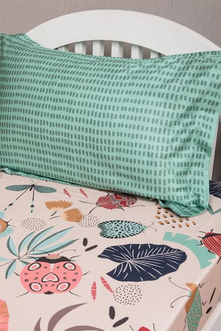 Kyoona_Pink 100% Cotton, Satin Weave Flora And Fauna Forest Of Adventures Bedsheet Set_Online_at_Aza_Fashions