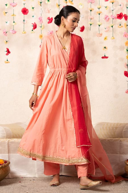 Marche Peach Dupatta Kota Doria, Kurta And Pant Cotton V Neck Kalidar Angrakha Set Online at Aza Fashions Marche_Peach Dupatta Kota Doria, Kurta And Pant Cotton V Neck Kalidar Angrakha Set _Online_at_Aza_Fashions