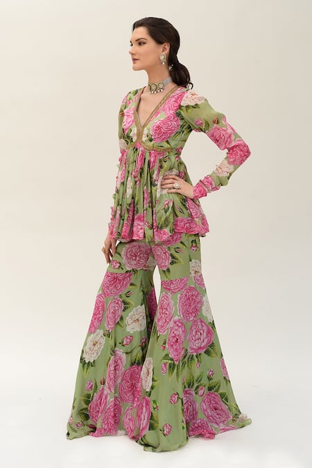 Buy Sanam Green Silk, Chiffon Sequins, Nicolette Floral Pattern Peplum With Sharara Online at Aza Fashions Buy_Sanam_Green Silk, Chiffon Sequins, Nicolette Floral Pattern Peplum With Sharara _Online_at_Aza_Fashions