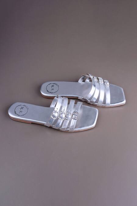 Myra_Silver Plain Vegan Leather Buckle Flats_Online_at_Aza_Fashions