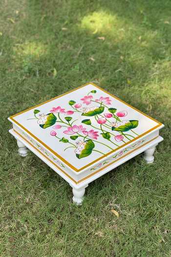 Purana Darwaza_White Wood Hand Painted Pichwai Chowki_Online_at_Aza_Fashions