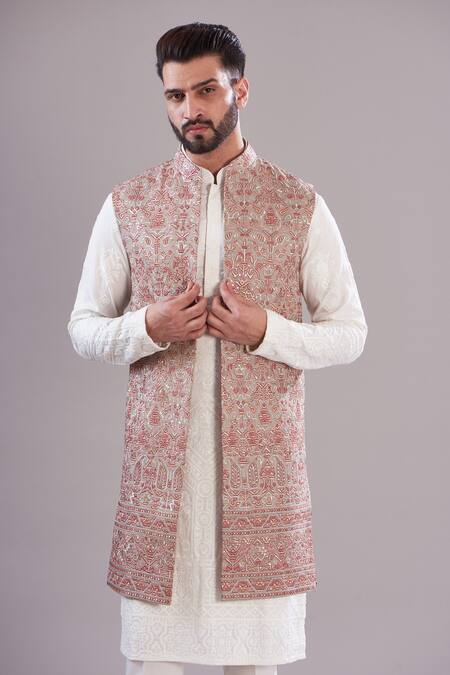 Kasbah_Multi Color Georgette, Cotton Embroidery Kashmiri Work Long Open Shrug _Online_at_Aza_Fashions