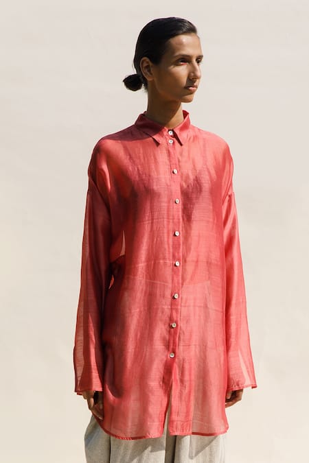 Urvashi Kaur_Red Chanderi Cotton, Silk Collared Colina Sheer Shirt _Online_at_Aza_Fashions