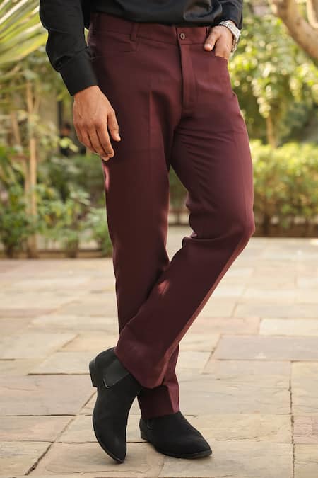 Raw & Rustic By Niti Bothra_Wine Cotton Buttoned Hem Solid Jeans_Online_at_Aza_Fashions