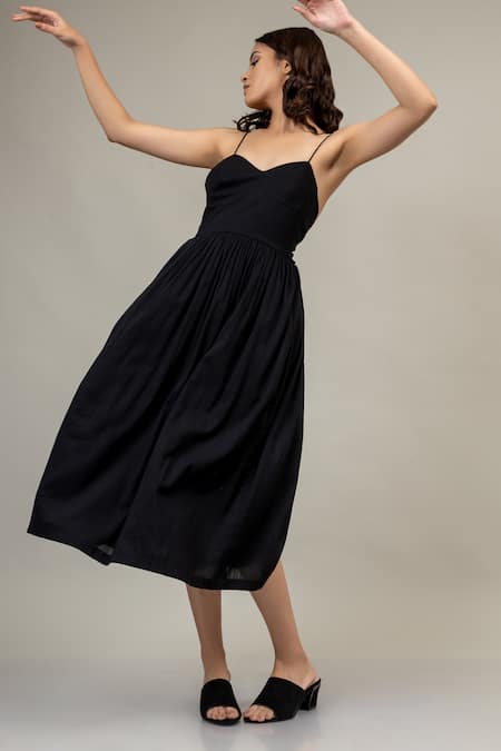 Doodlage Black Cotton Sweetheart Neck Mary Gathered Dress Online at Aza Fashions Doodlage_Black Cotton Sweetheart Neck Mary Gathered Dress _Online_at_Aza_Fashions