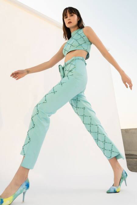 Sanchi Juneja_Blue Satin Crepe Criss-cross Halter High-low Pant Set _Online_at_Aza_Fashions