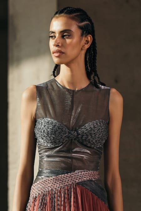 Akhl_Silver Lurex, Viscose Embroidery Round Neck Textured Yarn Bodysuit _Online_at_Aza_Fashions