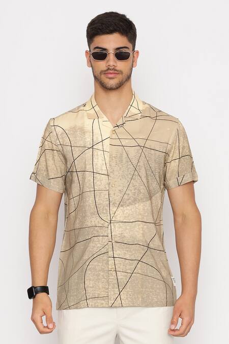 Lacquer Embassy_Beige Rayon Printed Linear Doodle Half Sleeve Shirt _Online_at_Aza_Fashions