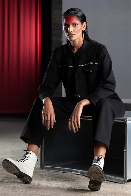 Pocketful Of Cherrie_Black Polyester Embroidery Collared Full-sleeved Cropped Jacket _Online_at_Aza_Fashions