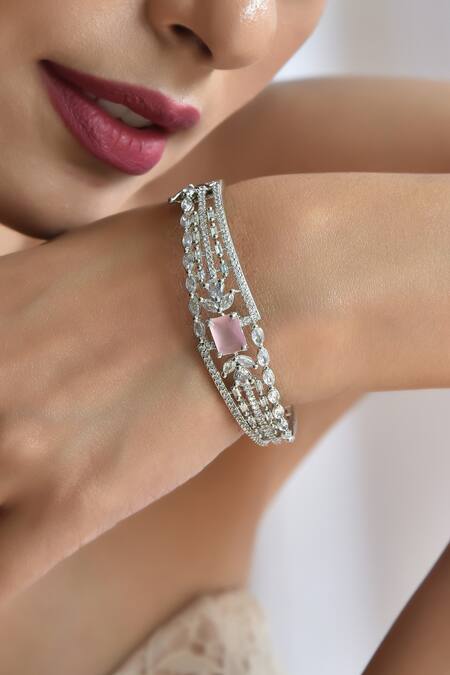 Gwacy_Pink Rose Quartz Leaf Embellished Bracelet_Online_at_Aza_Fashions