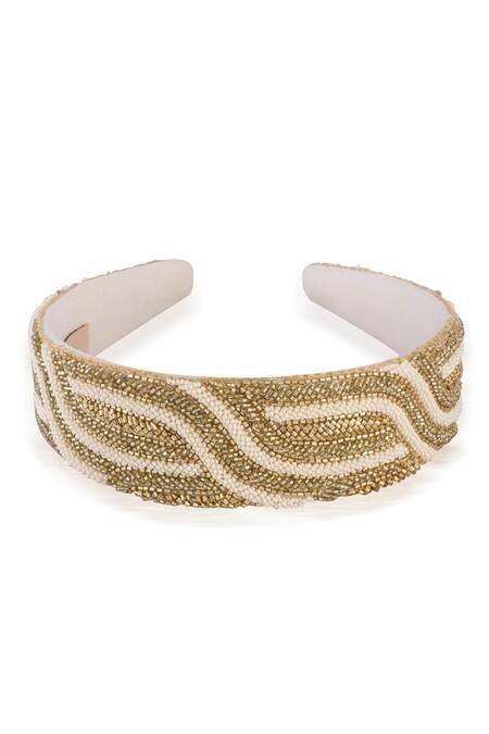 Hair Drama CO Gold Cutdana And Beads Flat Headband Online at Aza Fashions Hair Drama CO_Gold Cutdana And Beads Flat Headband _Online_at_Aza_Fashions